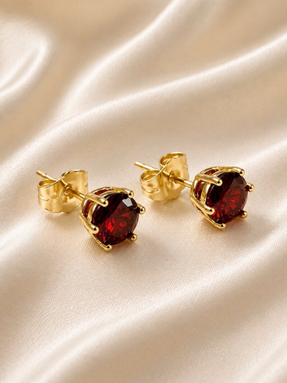 Red Garnet Round Stud Earrings-14K Gold Plated- NEW!!✨